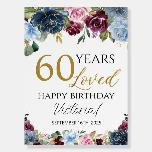 60 Years Loved Birthday Party Welcome Sign, Blue Foam Board