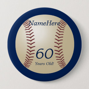 60 Years Old, Baseball on Blue Button Pin