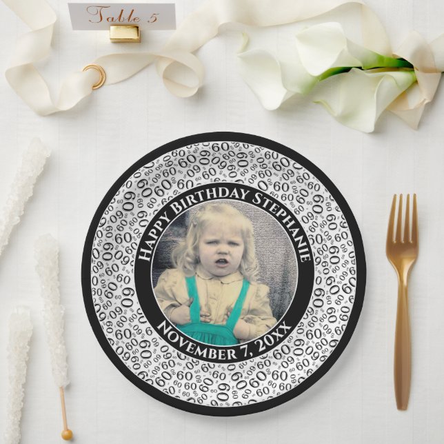 60 Your Photo Random Number Pattern Black/White Paper Plates (Wedding)