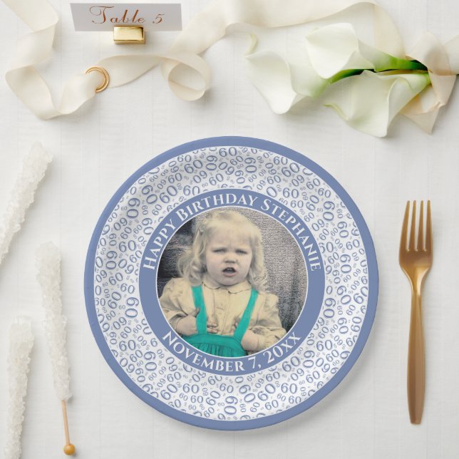 60 Your Photo Random Number Pattern Blue/White Paper Plates (Wedding)