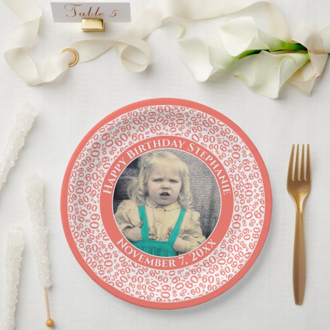 60 Your Photo Random Number Pattern Coral/White Paper Plates (Wedding)