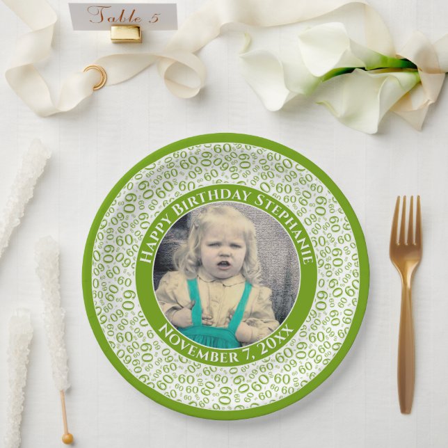 60 Your Photo Random Number Pattern Green/White Paper Plates (Wedding)