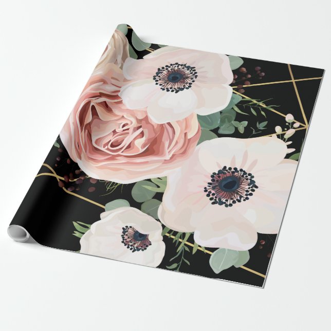 60lb Wrapping Paper Roll Geometric Garden Black (Unrolled)