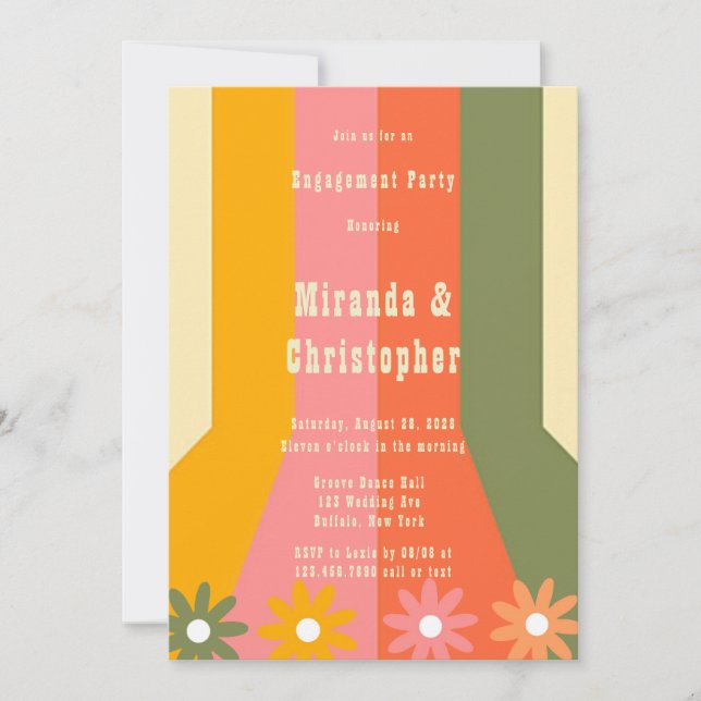 60s 70s Groovy Stripes Flower Engagement Party Invitation (Front)