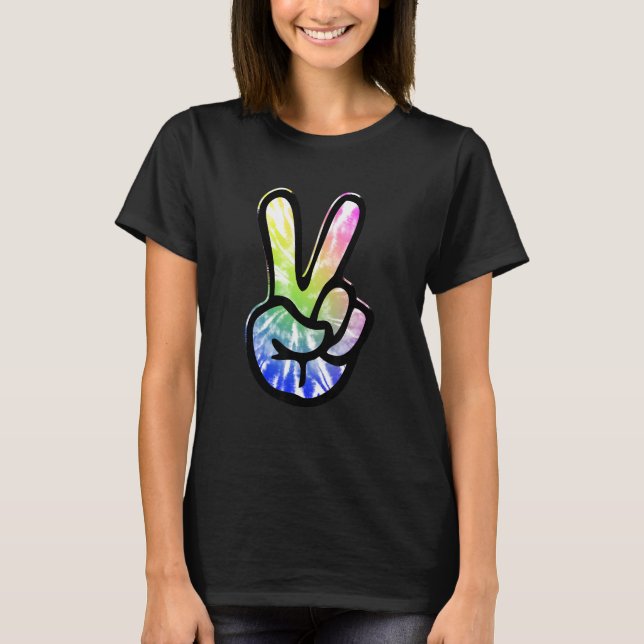 60s 70s Tie Dye Peace Hand Sign   Hippie 1 T-Shirt (Front)