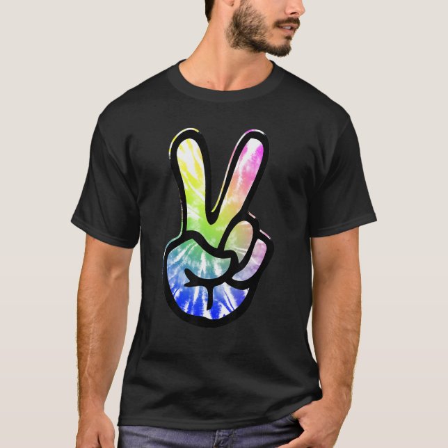 60s 70s Tie Dye Peace Hand Sign   Hippie T-Shirt (Front)
