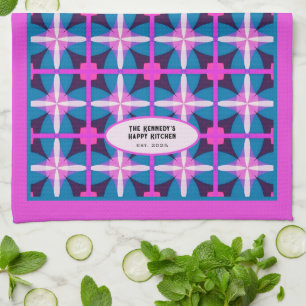 60s Abstract Pink Blue Floral Kaleidoscope Design Kitchen Towel