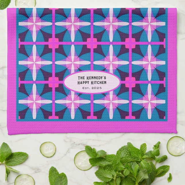 60s Abstract Pink Blue Floral Kaleidoscope Design  Kitchen Towel (Folded)