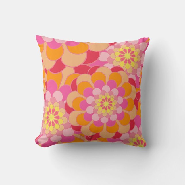 60's Bohemian Orange & Pink Floral Bold Print Throw Pillow (Front)