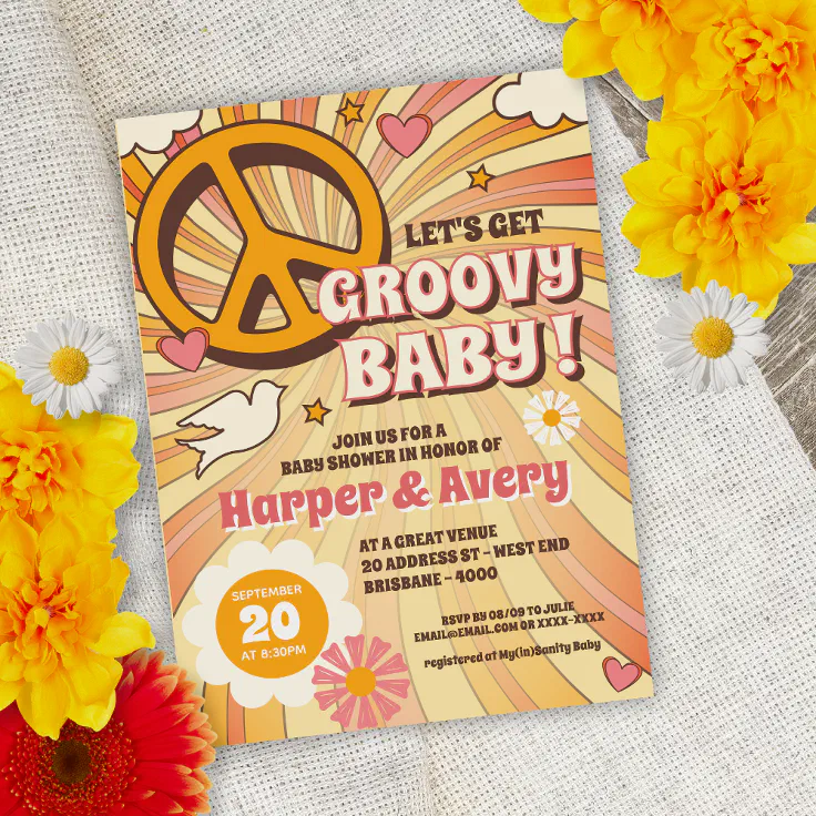 60s Hippie Party Baby Shower Invitation Zazzle