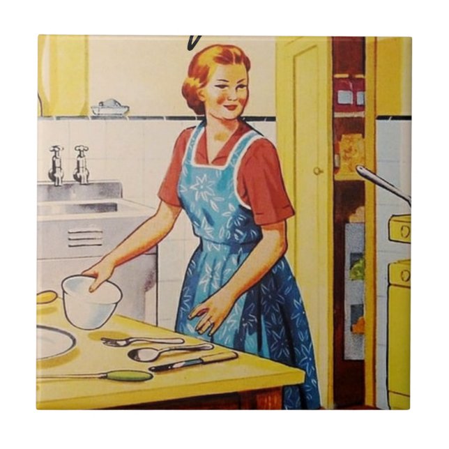 60s Lady in the kitchen l Retro Ceramic Tile (Front)