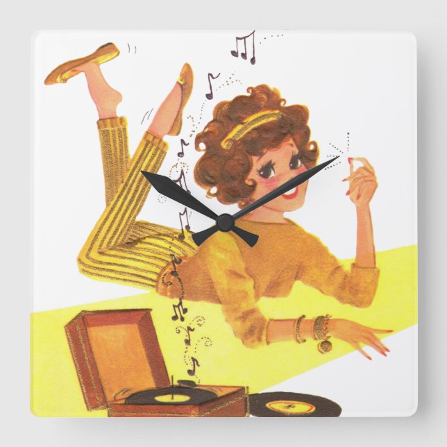 60's Music Girl Square Wall Clock (Front)
