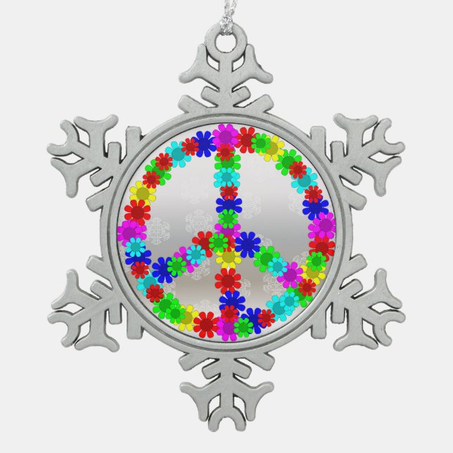 60's Peace Flowers Symbol Snowflake Pewter Christmas Ornament (Front)