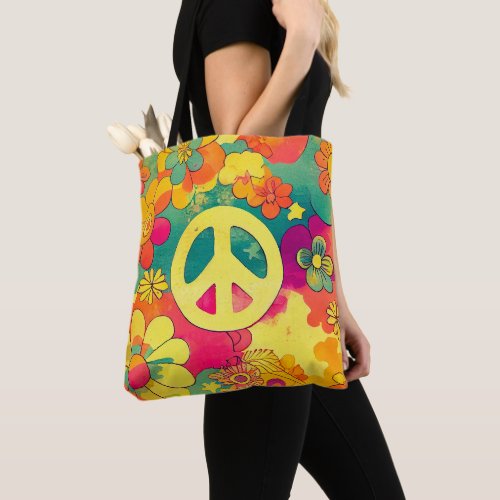 60s Peace Sign Hippy Tie Dye Boho Colorful Tote Bag