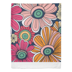 60's Retro Groovy Mod Flowers In Pink Orange and Y Duvet Cover