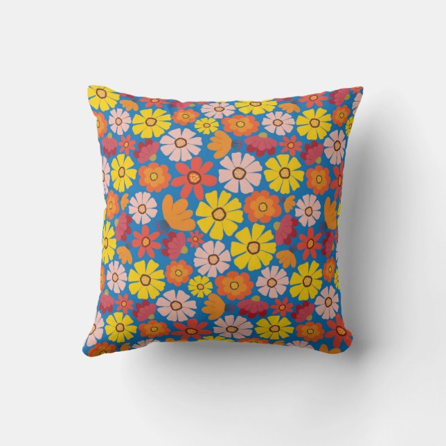 60s Retro Summer Flower Throw Pillow (Back)