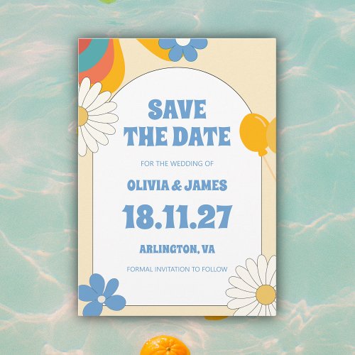 60s Soft Retro Old Music Floral Groovy Wedding Save The Date