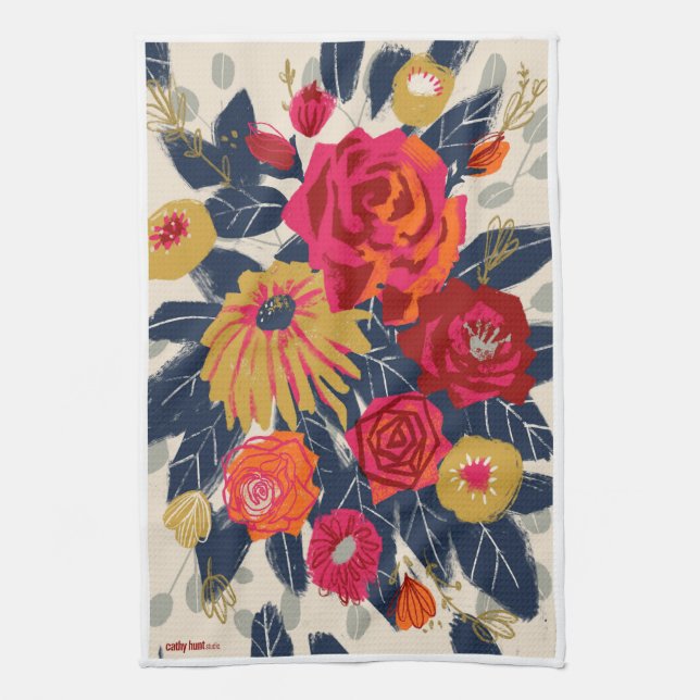 60s Style Navy with Red and Pink Flowers Tea Towel (Vertical)