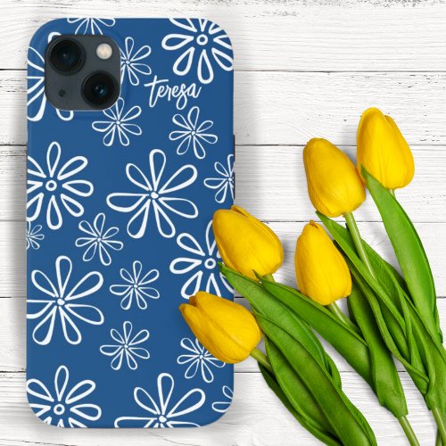 60s Vibe Retro White and Blue Floral  iPhone 13 Case