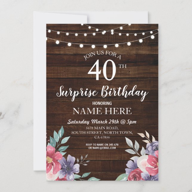 60th 50th 40th Birthday Party Wood Floral Invite (Front)