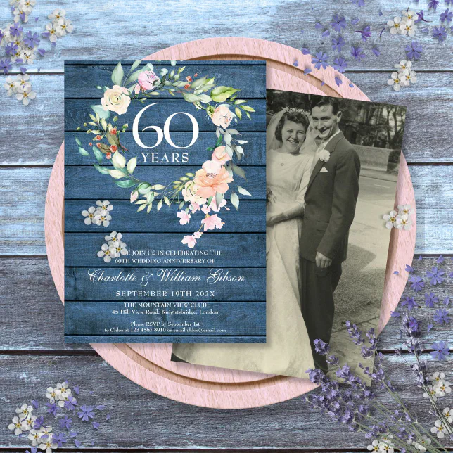 60th 75th Anniversary Wedding Photo Floral Rustic Invitation
