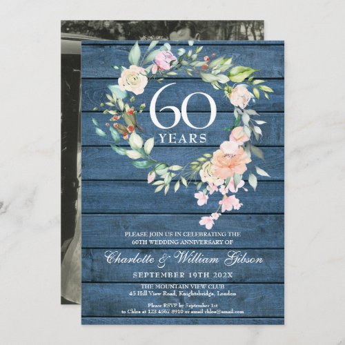 60th 75th Anniversary Wedding Photo Floral Rustic Invitation