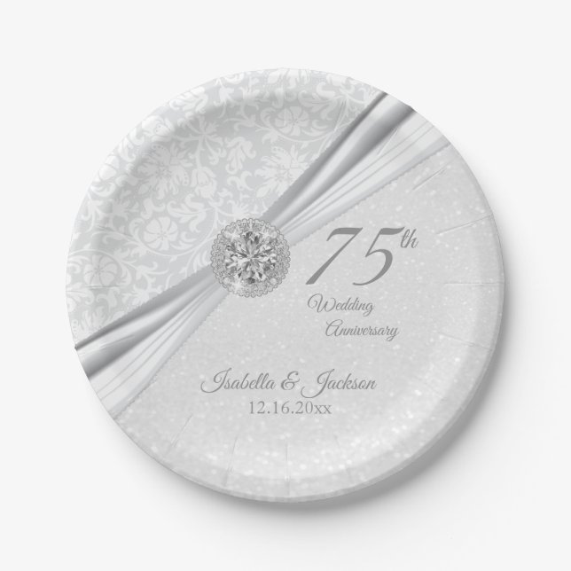 60th / 75th Diamond Anniversary on White Glitter Paper Plates (Front)