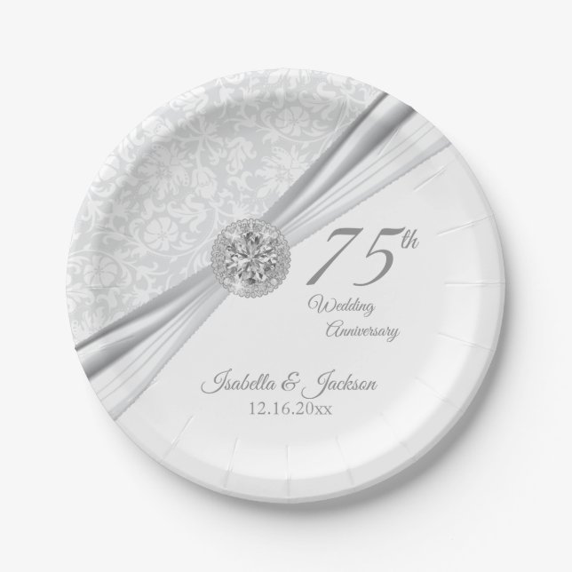 60th / 75th Diamond Wedding Anniversary on White Paper Plates (Front)