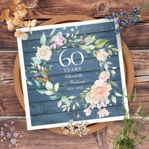 60th 75th Wedding Anniversary Blue Rustic Floral Napkins