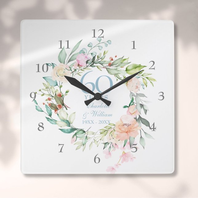 60th / 75th Wedding Anniversary Roses Garland Square Wall Clock (60th / 75th Wedding Anniversary Roses Garland Square Wall Clock)