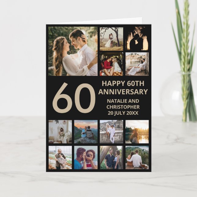 60th Anniversary 13 Photo Collage Black and Gold Card (Front)
