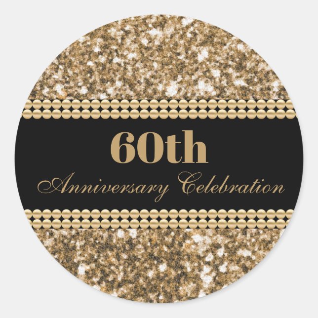 60th Anniversary Celebration Gold Glitter Pearls Classic Round Sticker (Front)