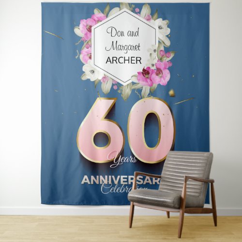 60th Anniversary Celebration Pink Orchids on Blue Tapestry