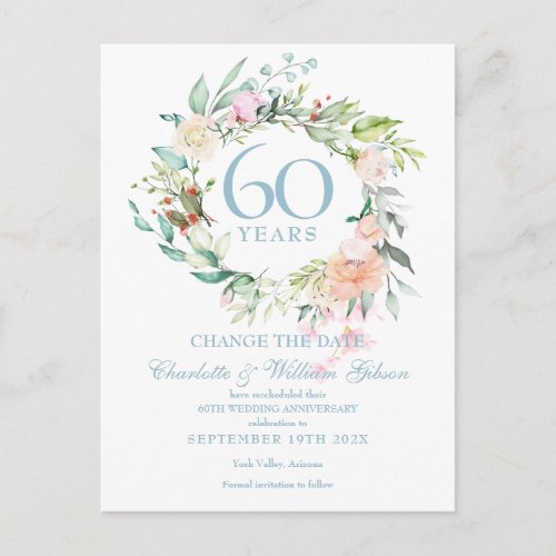 60th Anniversary Change the Date Roses Floral Announcement Postcard
