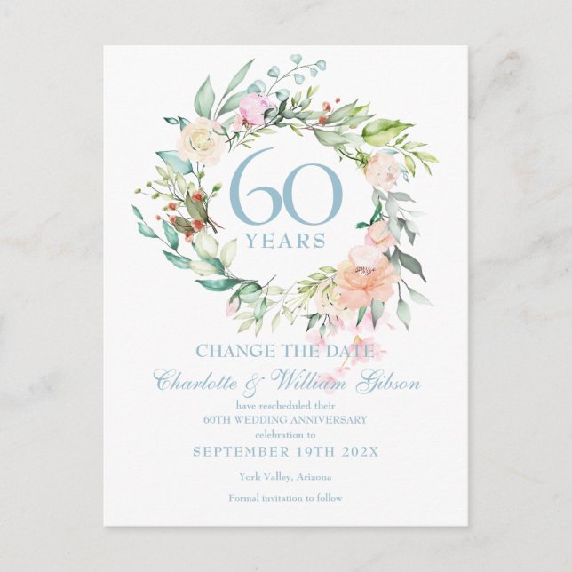 60th Anniversary Change the Date Roses Floral Announcement Postcard (Front)