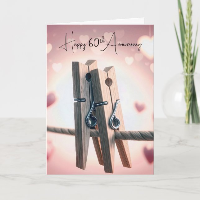 60th Anniversary Clothespins On a Clothesline Card (Front)