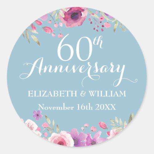 60th Anniversary Country Watercolour Roses Classic Round Sticker