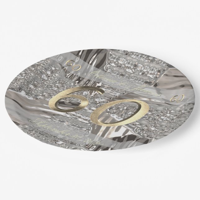 60th Anniversary Diamond Wedding Elegant Faux Gold Paper Plates (Angled)