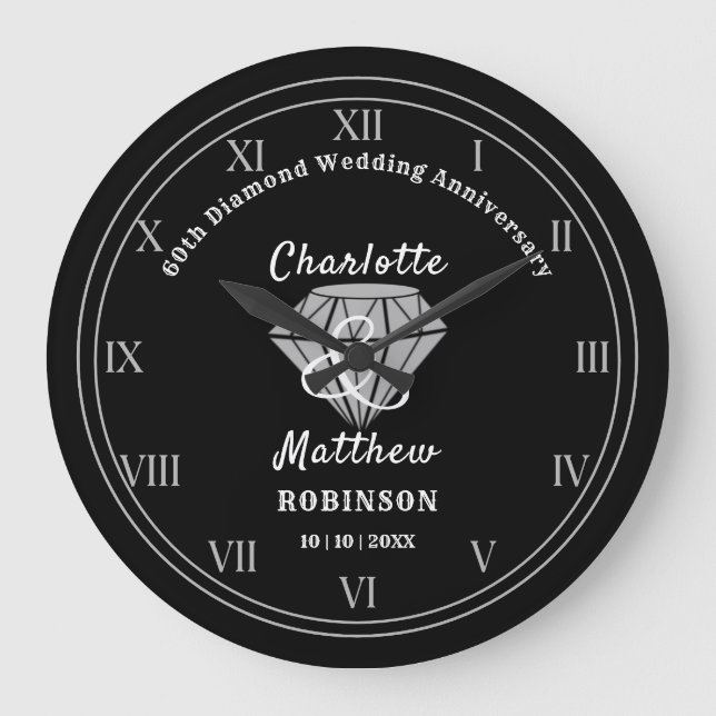 60th Anniversary Diamond Wedding Gift Personalized Large Clock (Front)