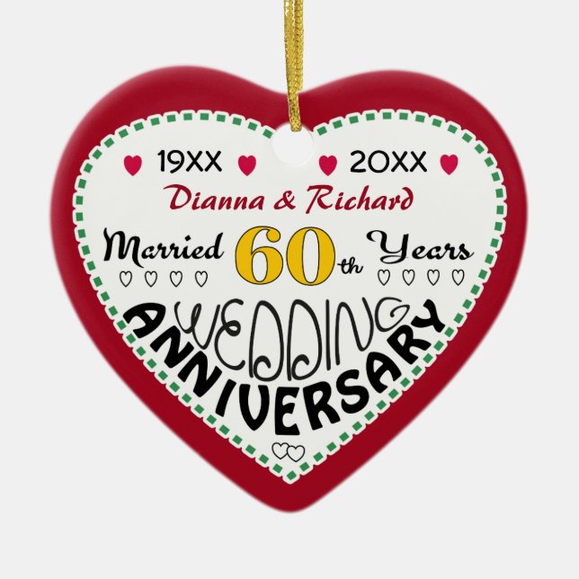 60th Anniversary gift heart shaped Christmas Ceramic Ornament (Front)