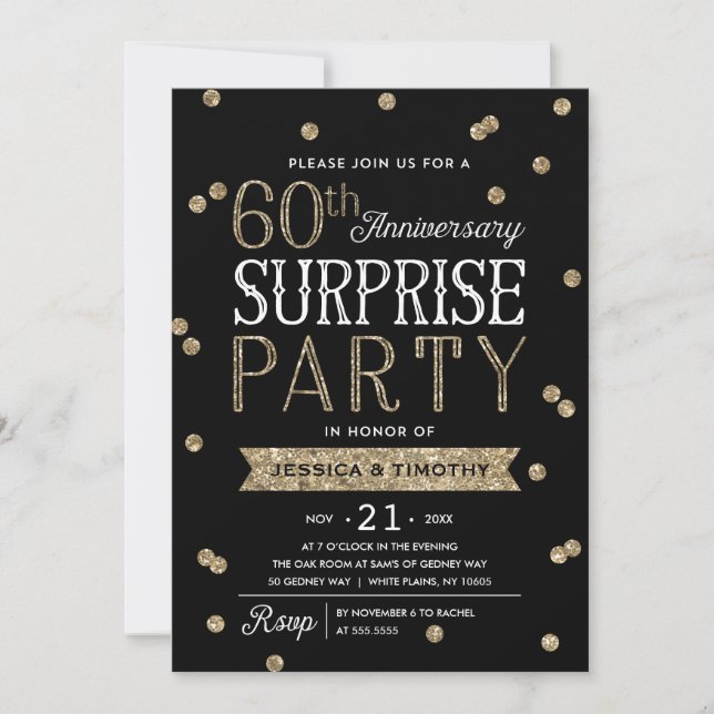60th Anniversary Glitter Confetti Surprise Party Invitation (Front)