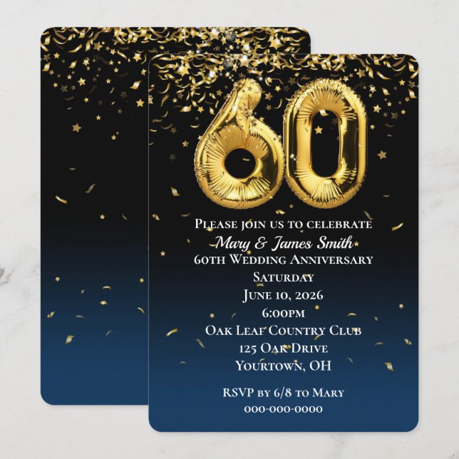 60th Anniversary Gold Balloons Confetti Invitation (Front/Back)