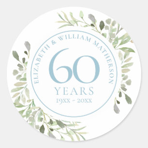 60th Anniversary Greenery Watercolour Classic Round Sticker