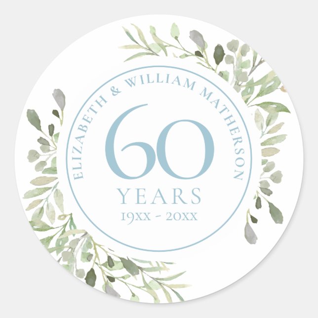 60th Anniversary Greenery Watercolour Classic Round Sticker (Front)