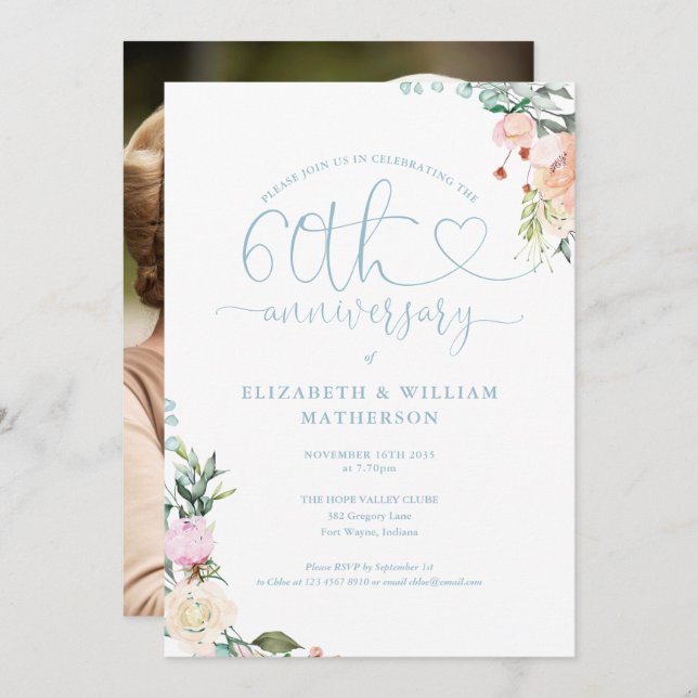 60th Anniversary Heart Script Floral Photo Invitation (Front/Back)