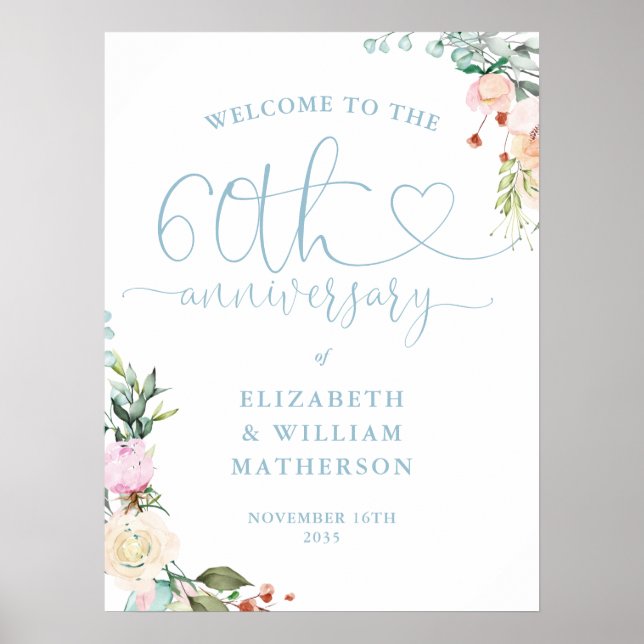 60th Anniversary Heart Script Floral Welcome Sign (Front)