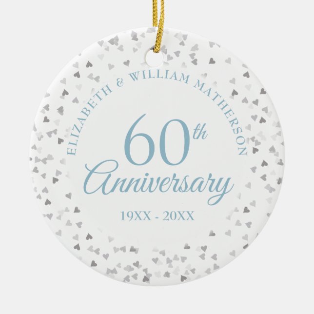 60th Anniversary Hearts Confetti Ceramic Ornament (Front)