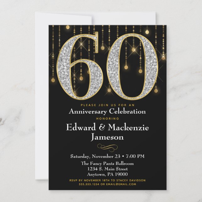 60th Anniversary Invitation Black Gold Diamonds (Front)