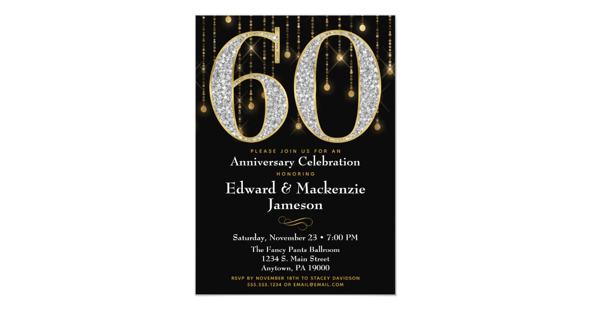 60th Anniversary Invitation Black Gold Diamonds | Zazzle.com