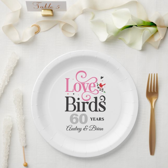 60th Anniversary Love Birds Personalized Paper Plates (Wedding)